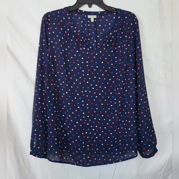 Talbots Navy Blue Polka‎ Dot Chiffon Long Sleeve Pullover Shirt Size M - Picture 1 of 7